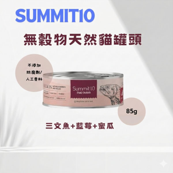 Summit 10 - 無穀物天然 貓貓罐頭 (三文魚+藍莓+蜜瓜) 85g
